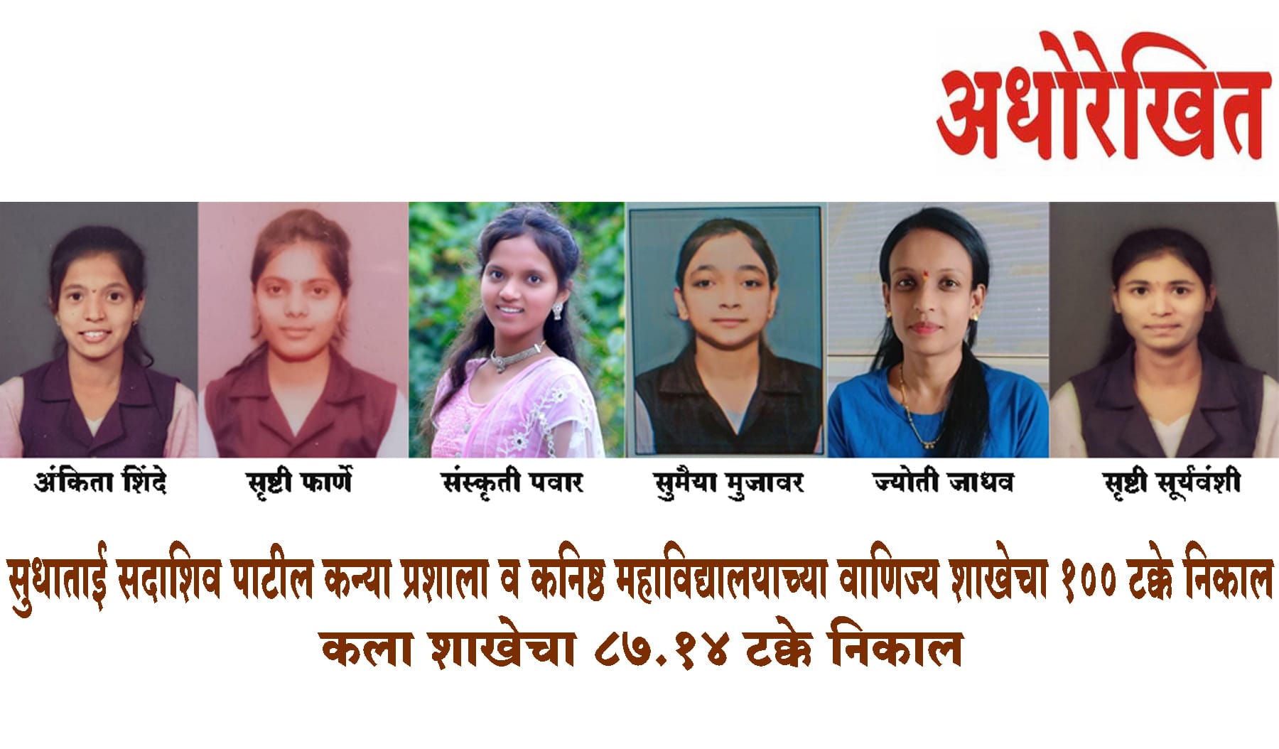 इस्लामपूर । बारावी परीक्षेत सुधाताई सदाशिव पाटील कन्या प्रशाला व कनिष्ठ महाविद्यालयाच्या वाणिज्य शाखेचा 100 टक्के निकाल